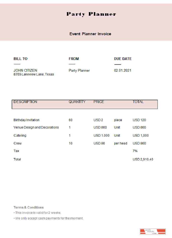 USA Party Planner invoice PSD template